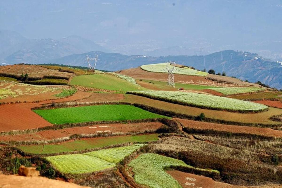 an aerial view of a hill with green fields