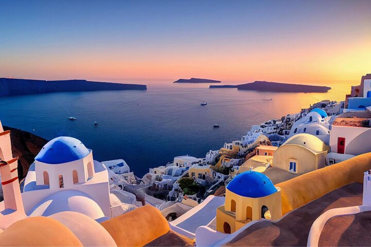 isang tanawin ng isla ng santorini sa paglubog ng araw