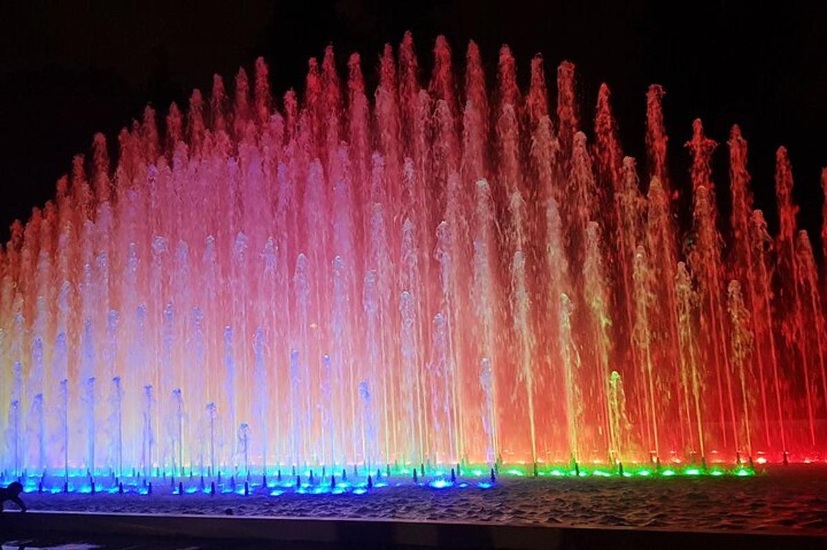 Una fuente con luces de colores delante de ella.