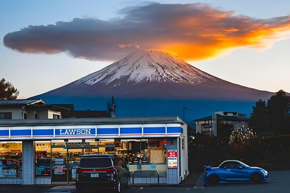 a mountain in the background with cars parked in a parking lot