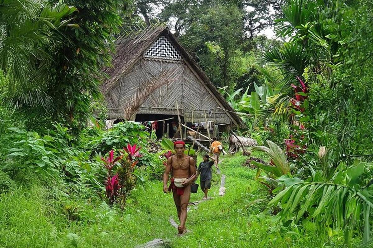 a man walking down a path in front of a hut