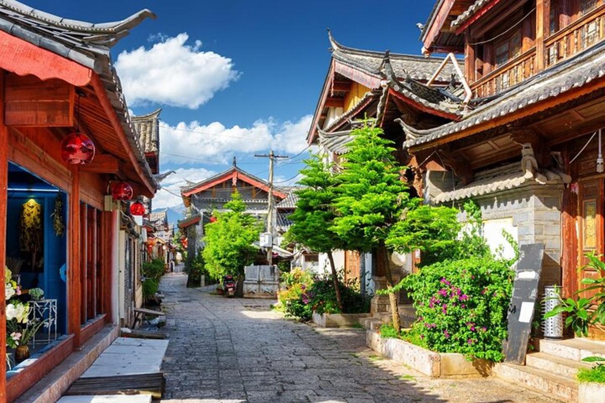 a street in an asian village with buildings