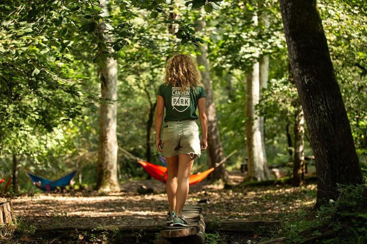 a person walking on a log in the woods