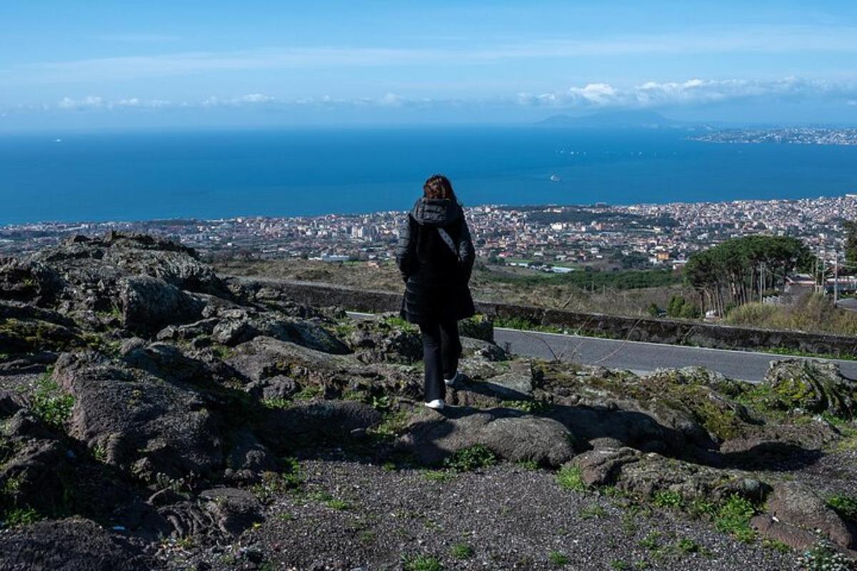 eine Person, die auf einem Berggipfel steht und eine Stadt überblickt