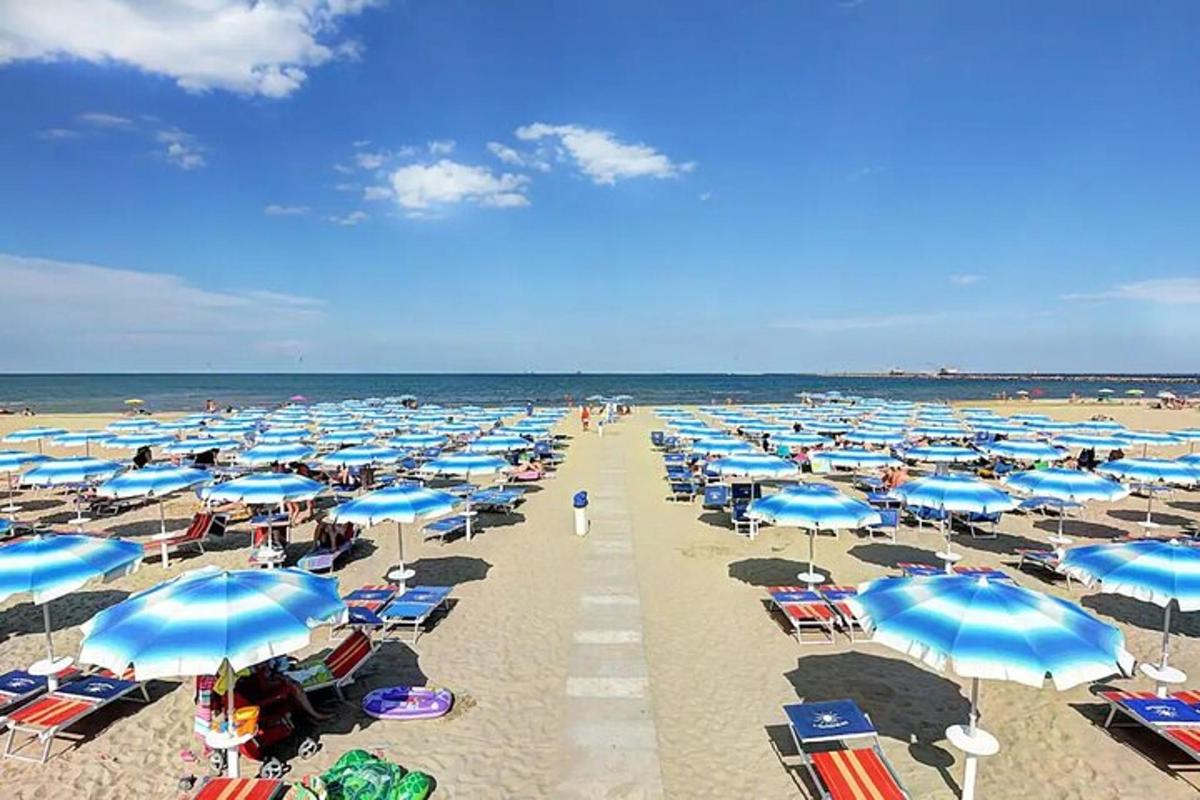 plaża pełna niebieskich parasoli
