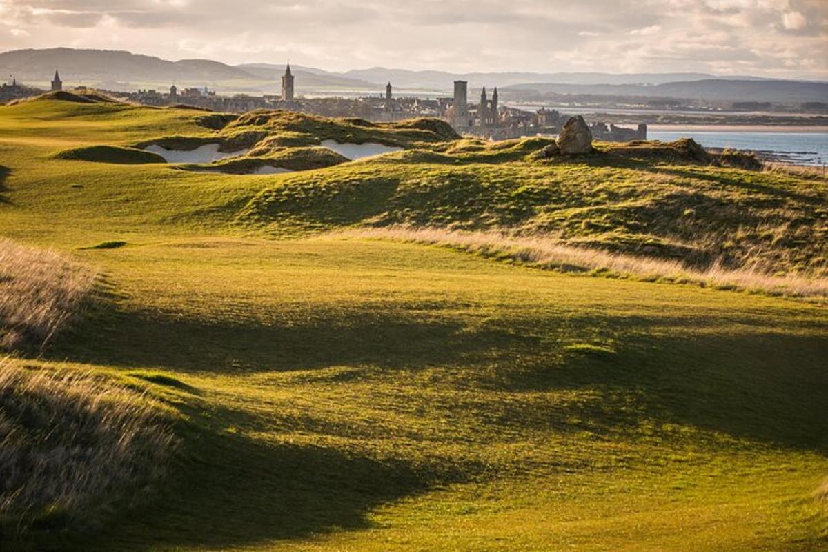 Grænn golfvöllur með borg í bakgrunni