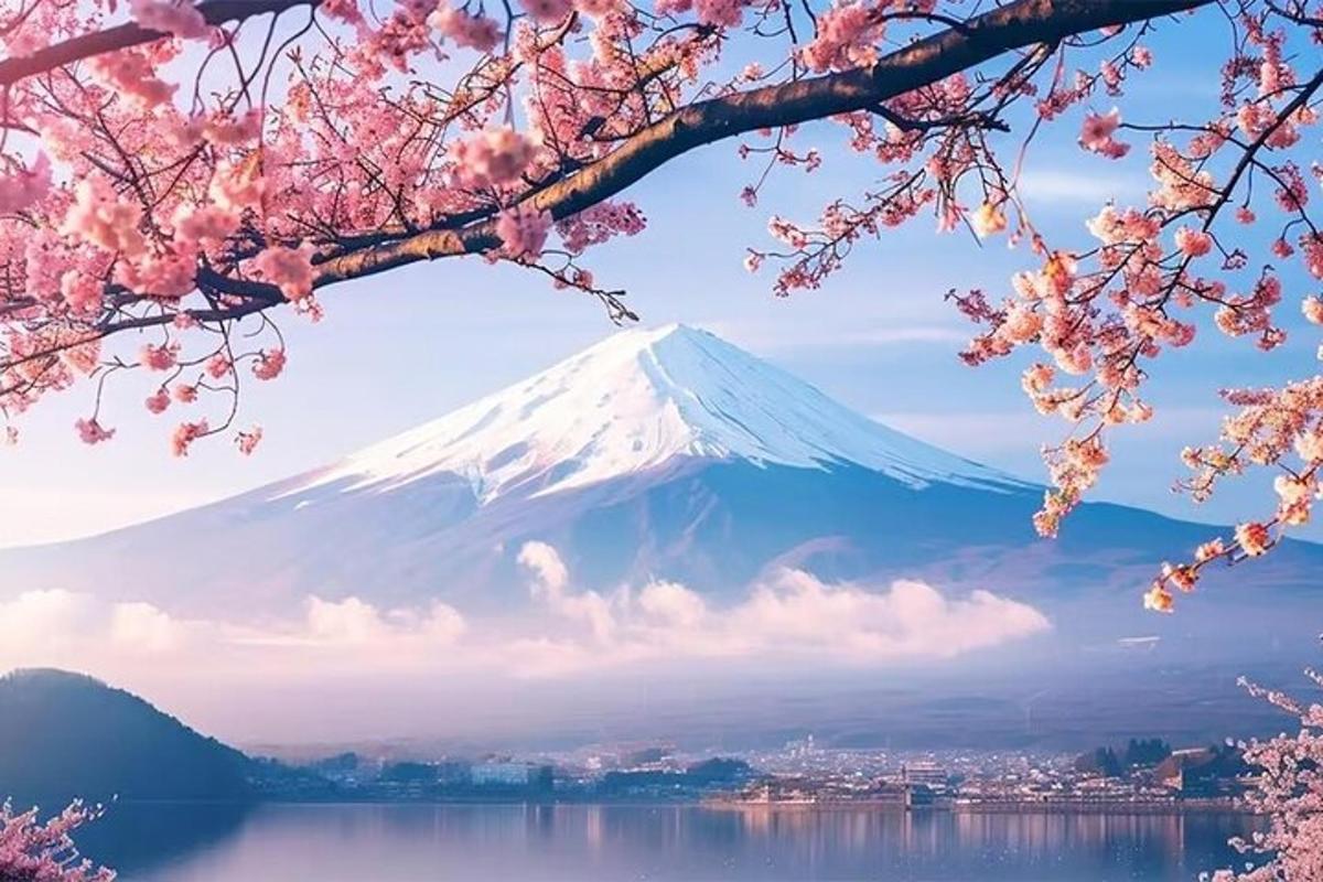 a mountain with a cherry tree in front of a lake