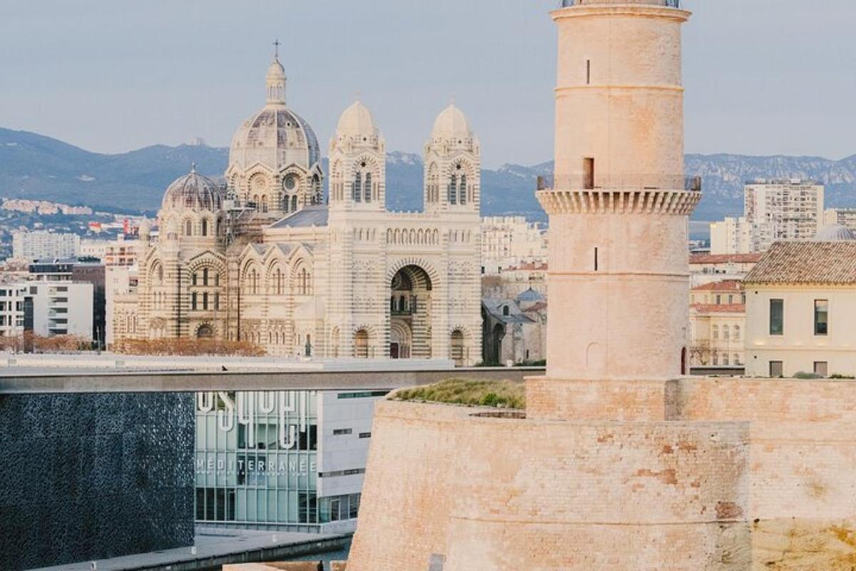 a view of a building with two towers