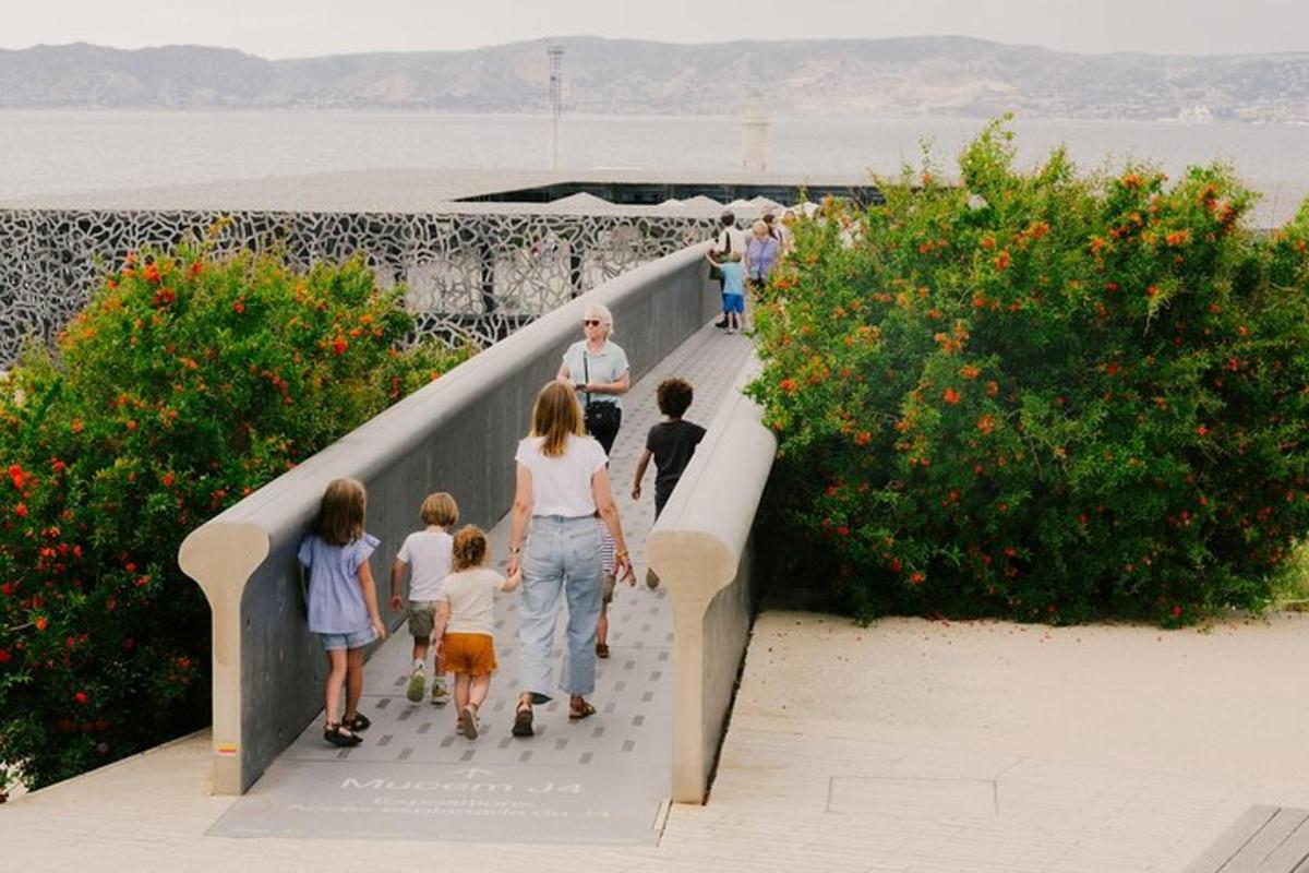 a group of people walking down a staircase
