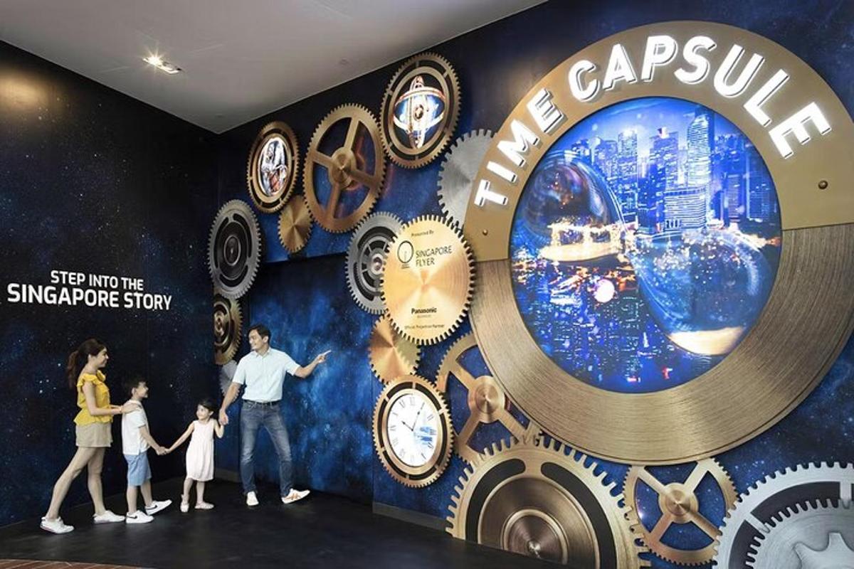 a family standing in front of a wall with clocks