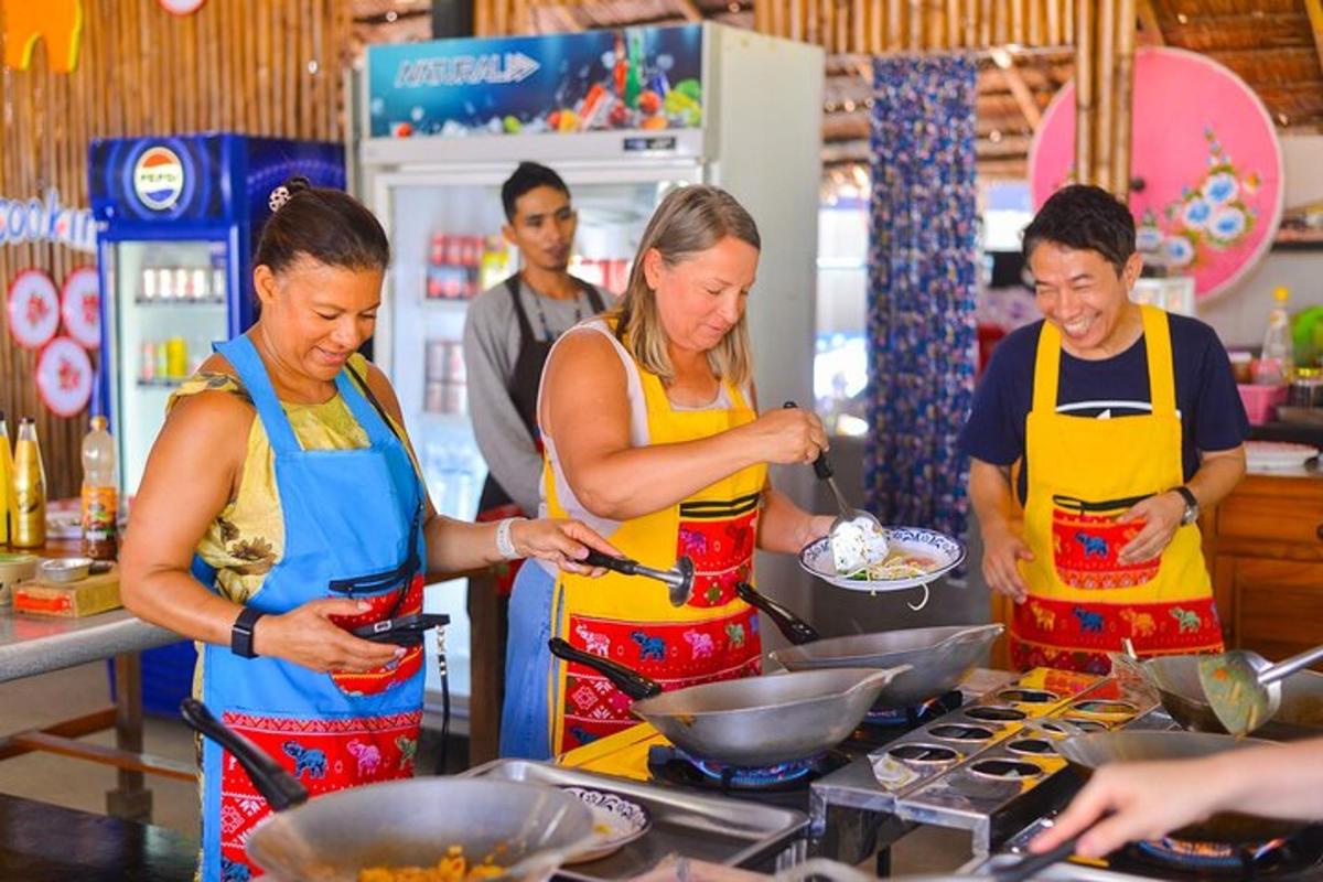 a group of people preparing food in a kitchen