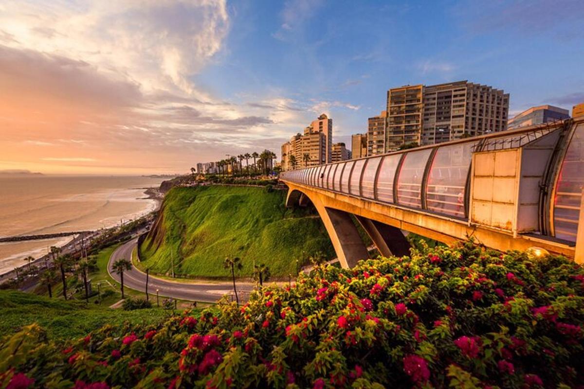 a train on a bridge next to the beach
