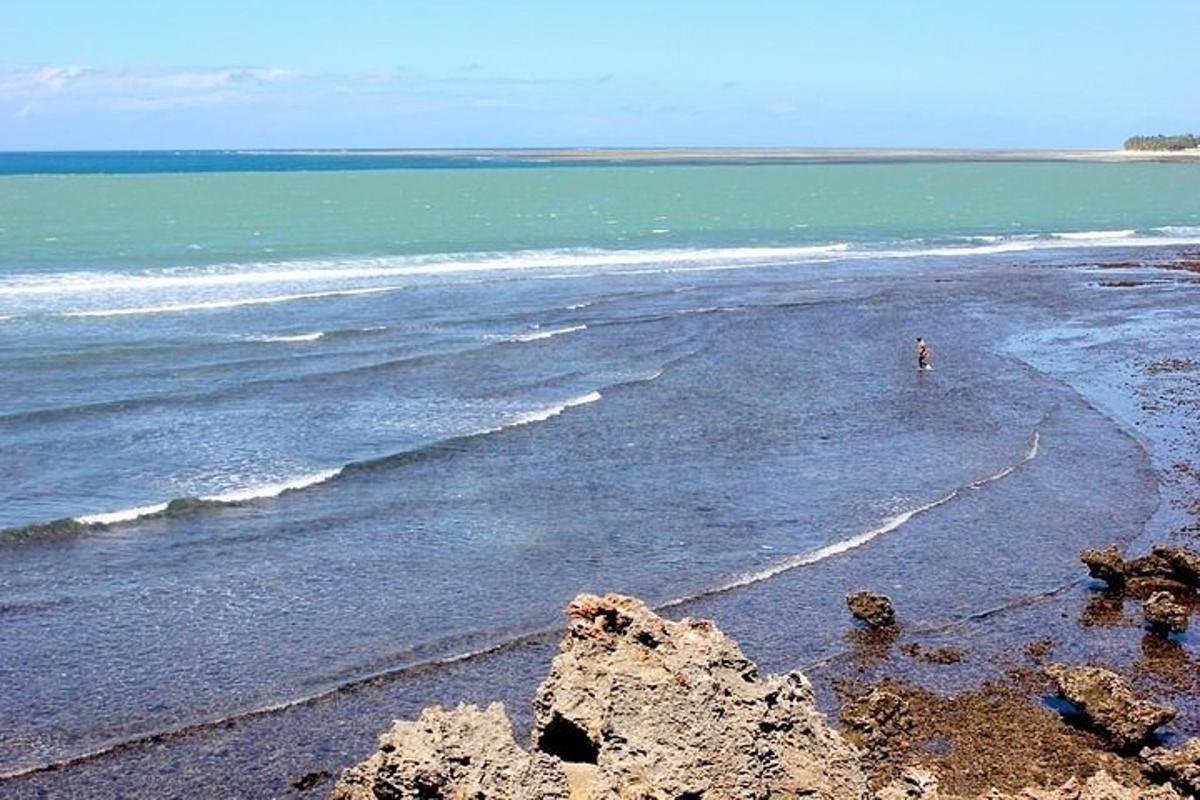 una persona in piedi su una spiaggia vicino all'acqua