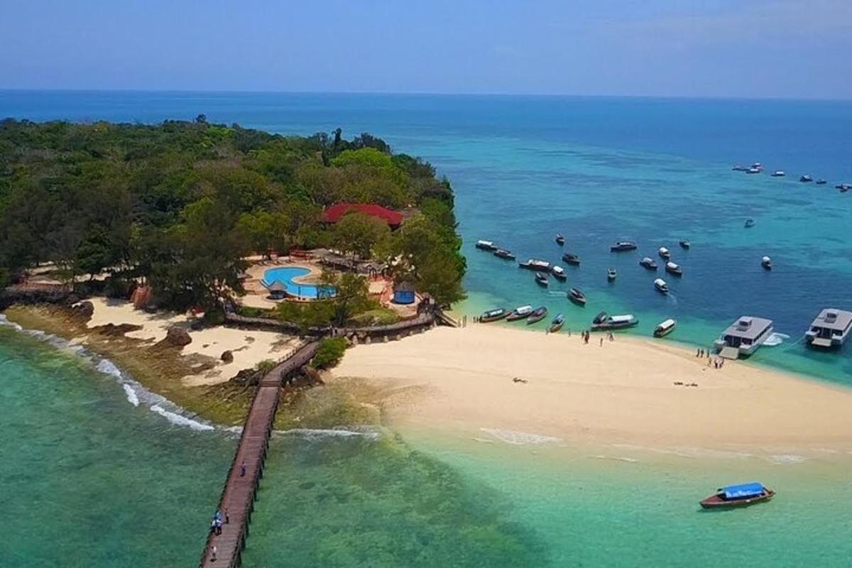 an island with a group of boats in the water