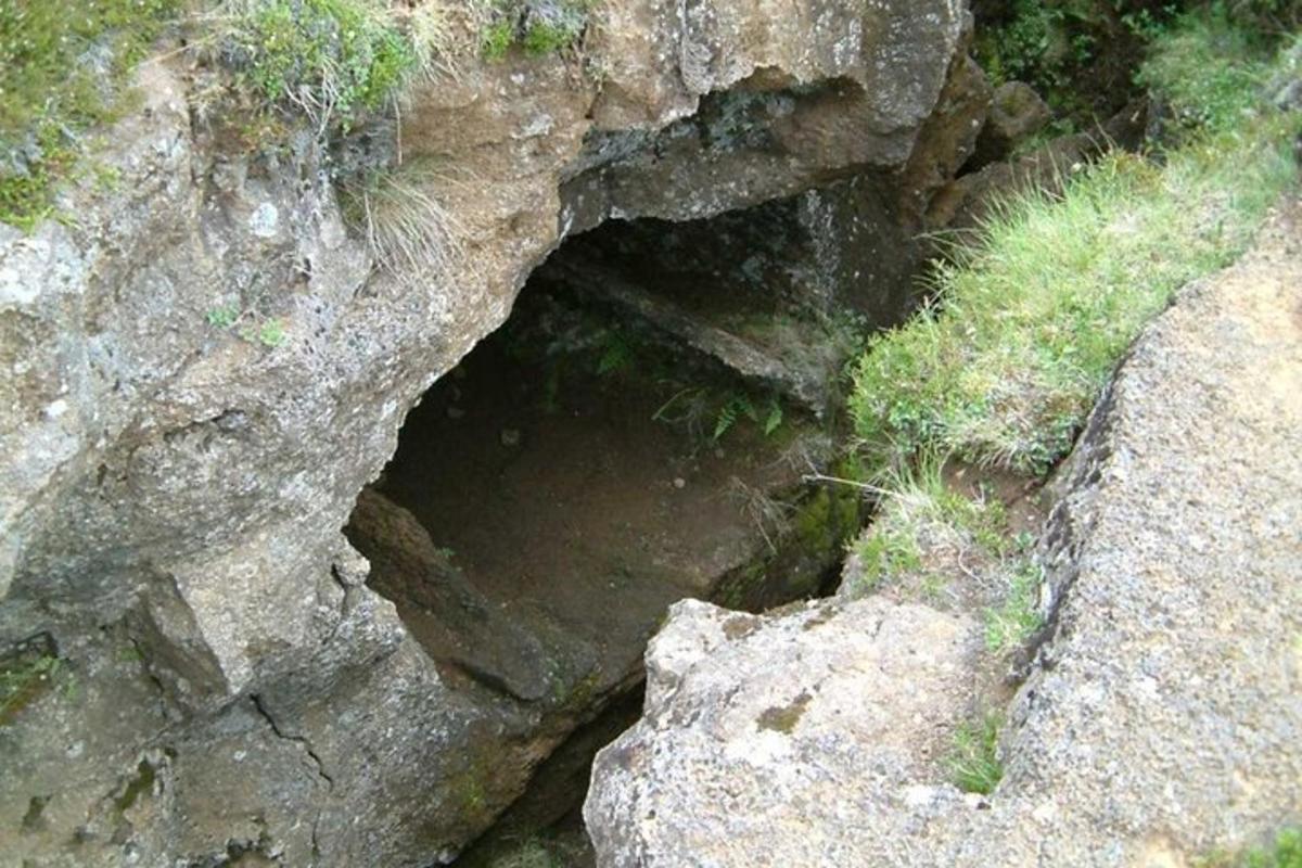 egy barlang sziklákban, némi fűvel