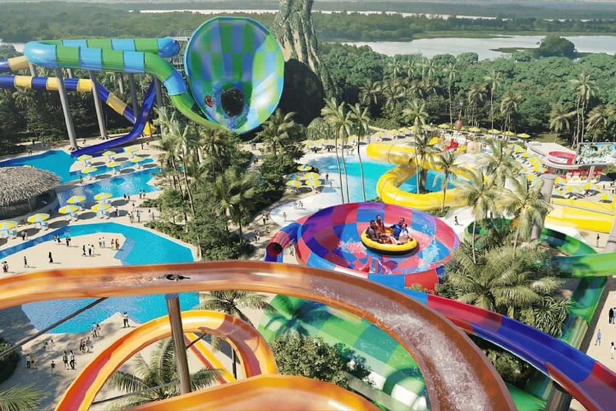 an aerial view of a water park with a roller coaster