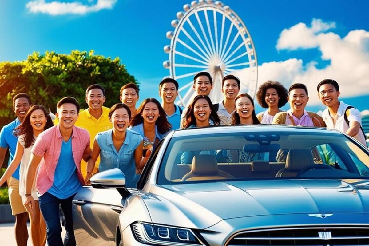 um grupo de pessoas em pé ao lado de um carro