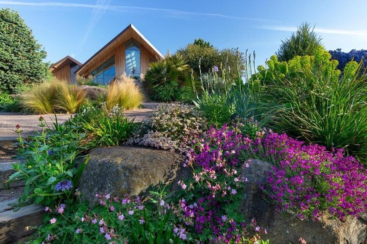 a garden with flowers in front of a house