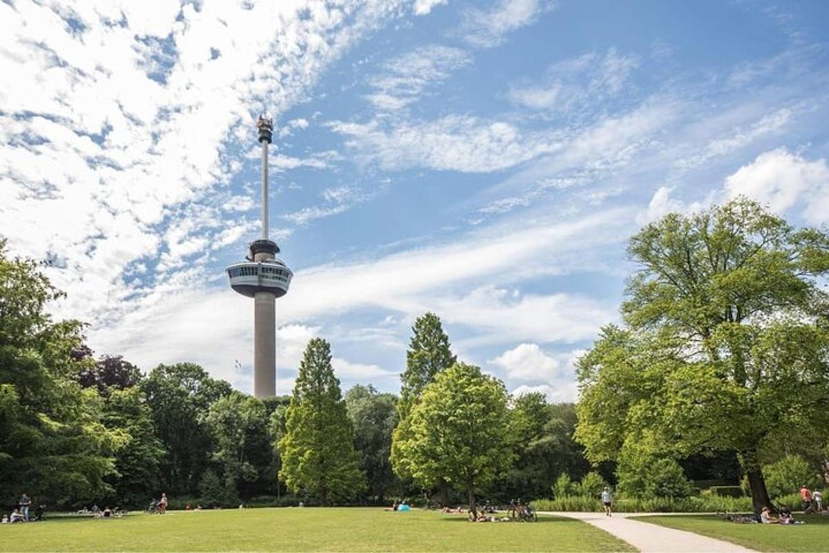 una torre en medio de un parque con árboles