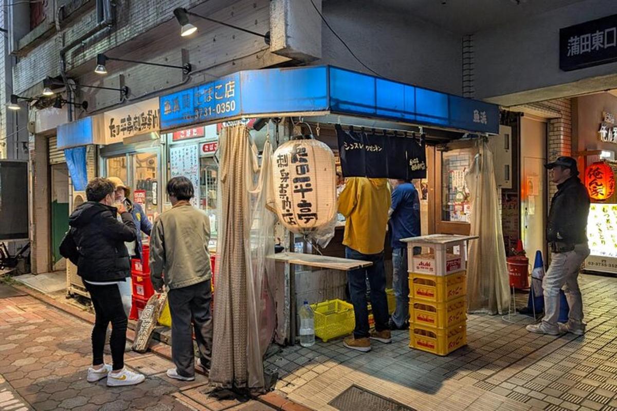 a group of people standing outside of a store