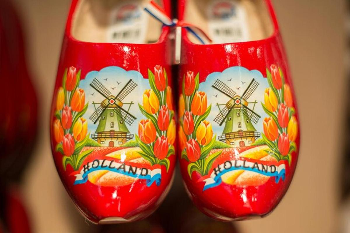 a pair of red shoes with a windmill on them
