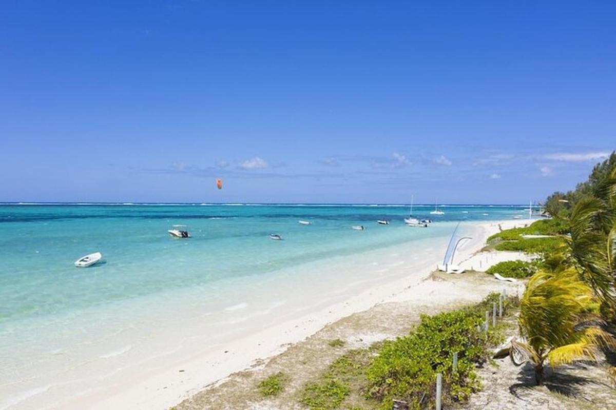 a beach with boats in the water and palm trees