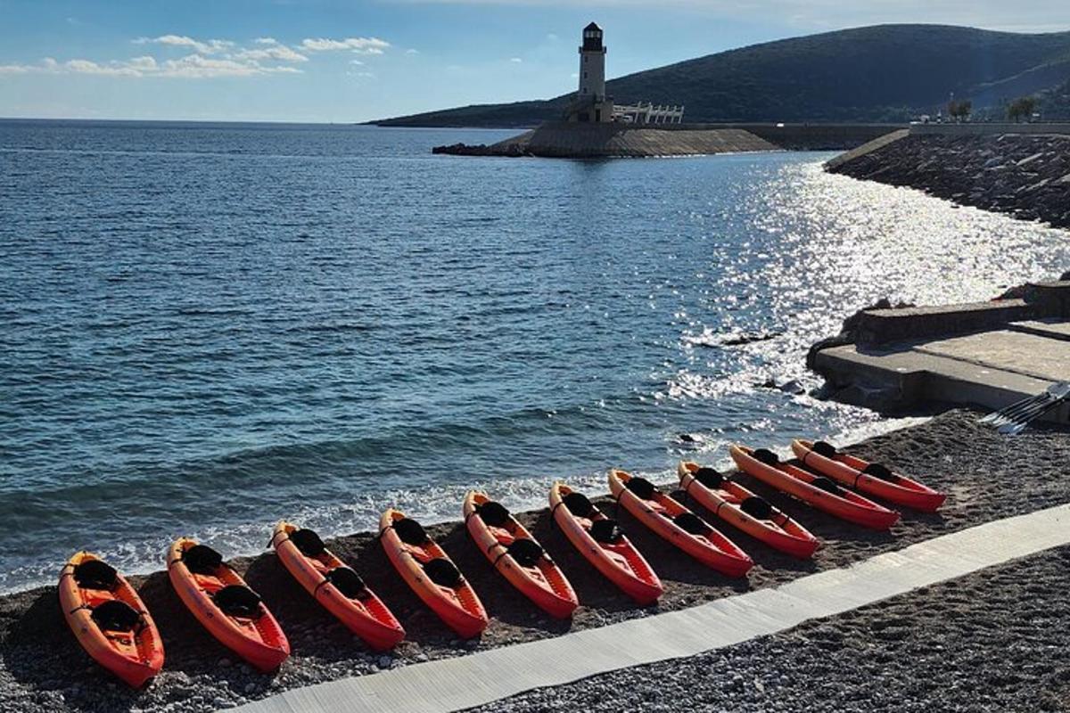 egy sor kajak sorakozik a vízparti strandon