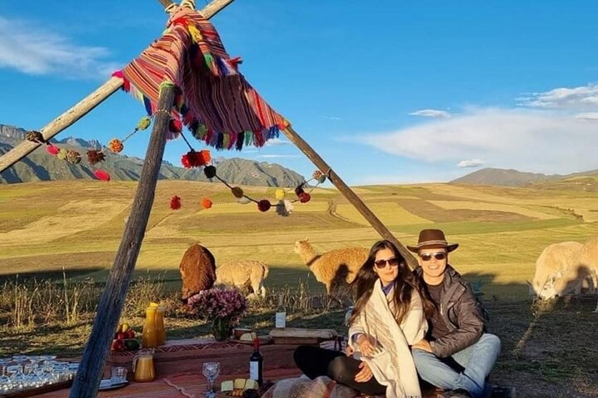 two people sitting in front of a field with sheep