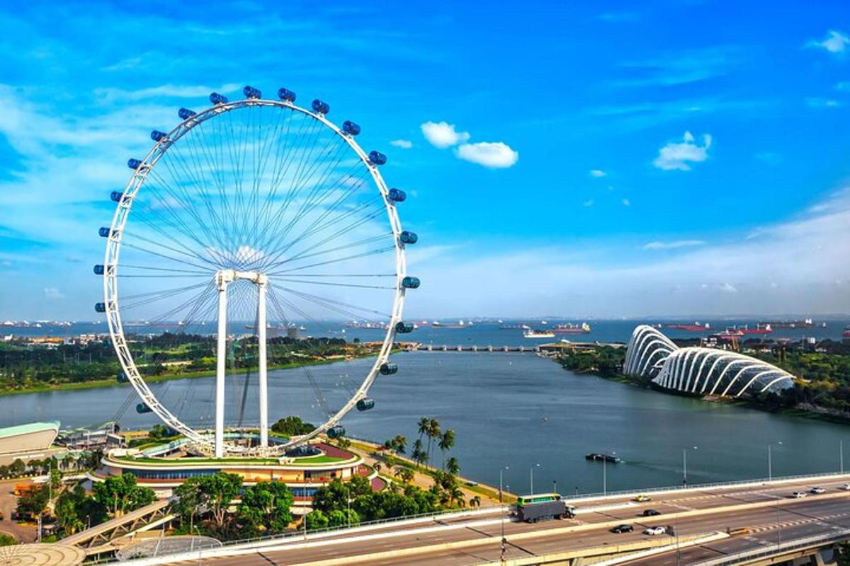 a large ferris wheel next to a river