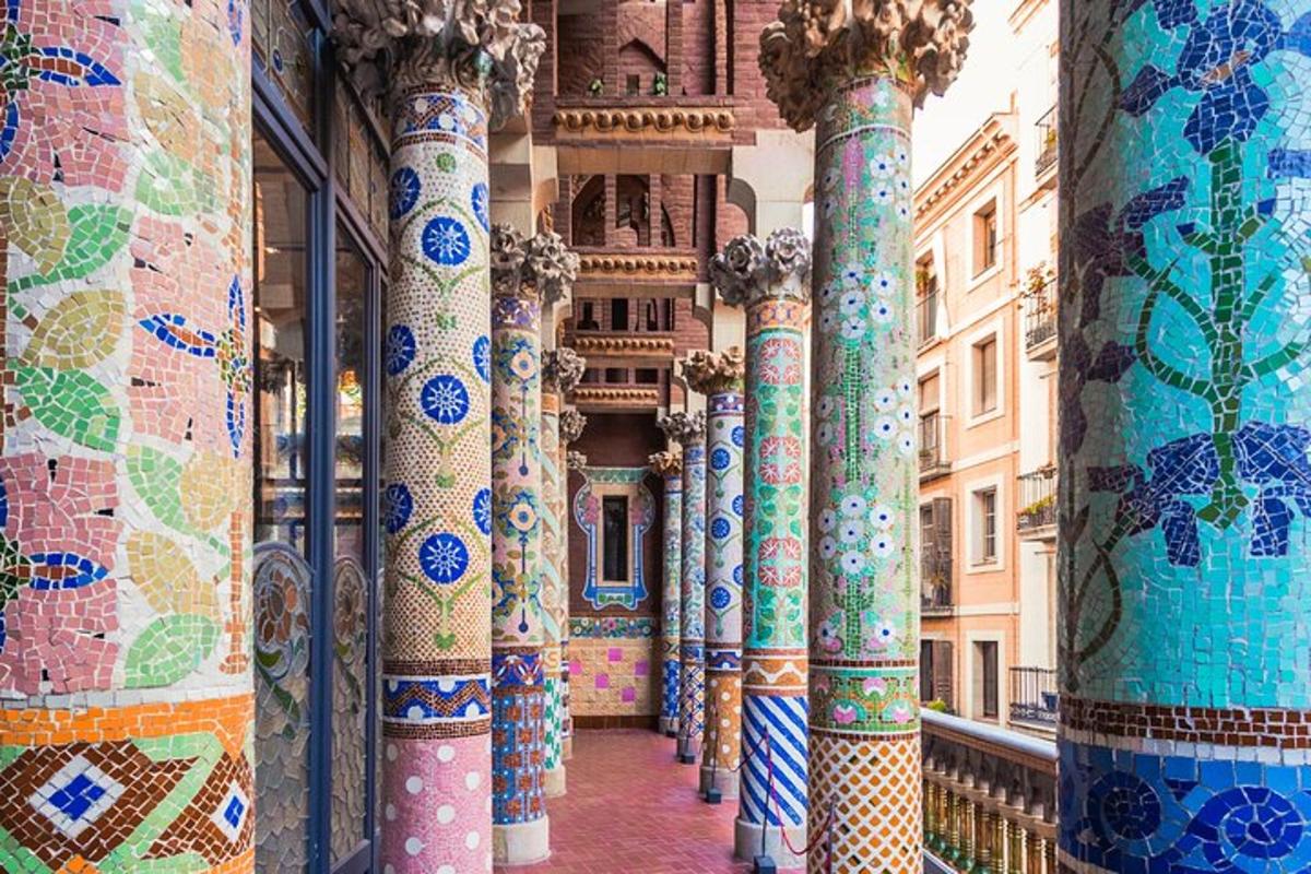 a row of columns with colorful tiles on them