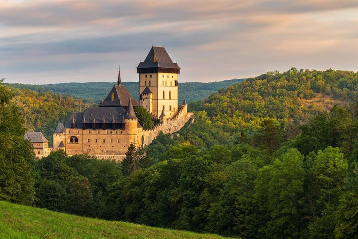 hrad na vrcholu kopce se stromy
