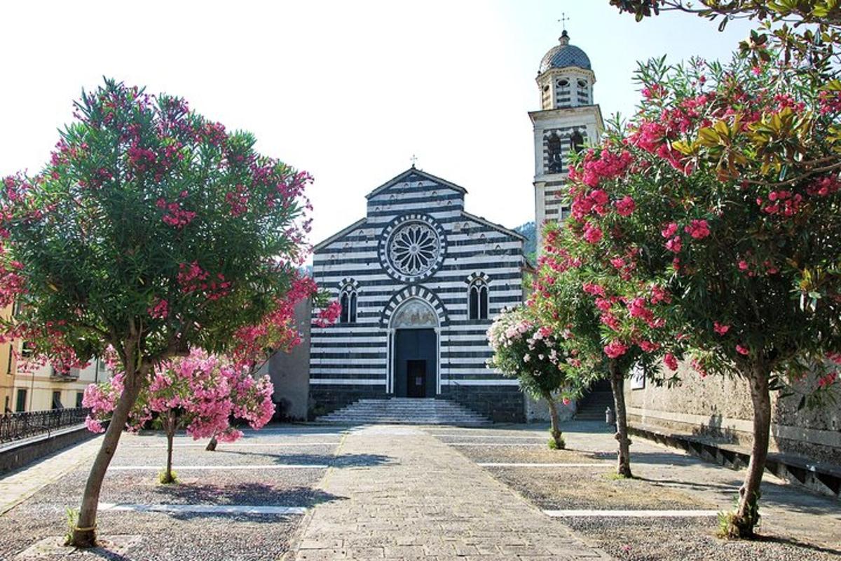 una chiesa con alberi in fiore di fronte