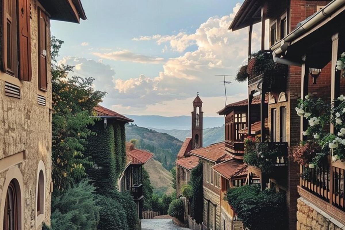 pohled na město s hodinovou věží v dálce