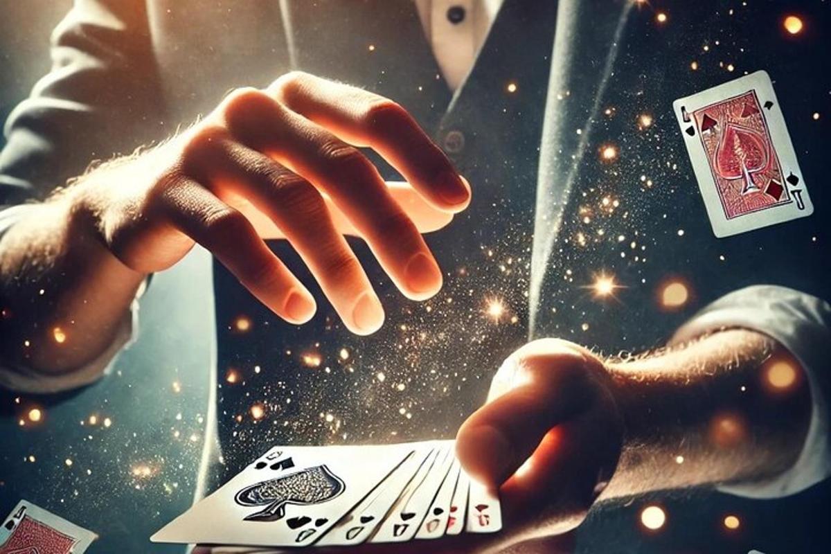 một người đàn ông mặc vest đang cầm một lá bài