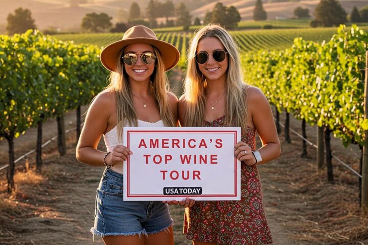 two women standing in a vineyard holding a sign