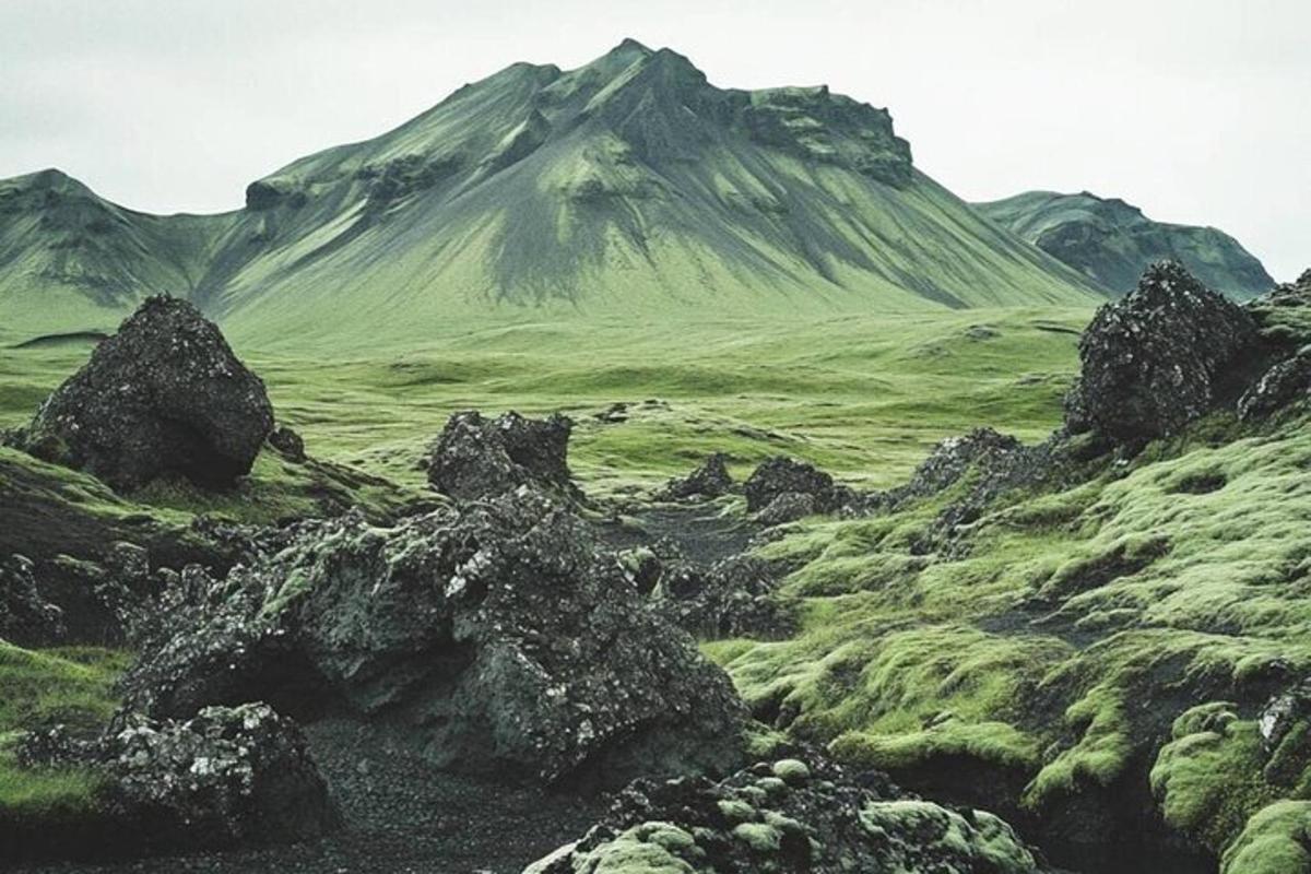 lapangan hijau dengan gunung di latar belakang