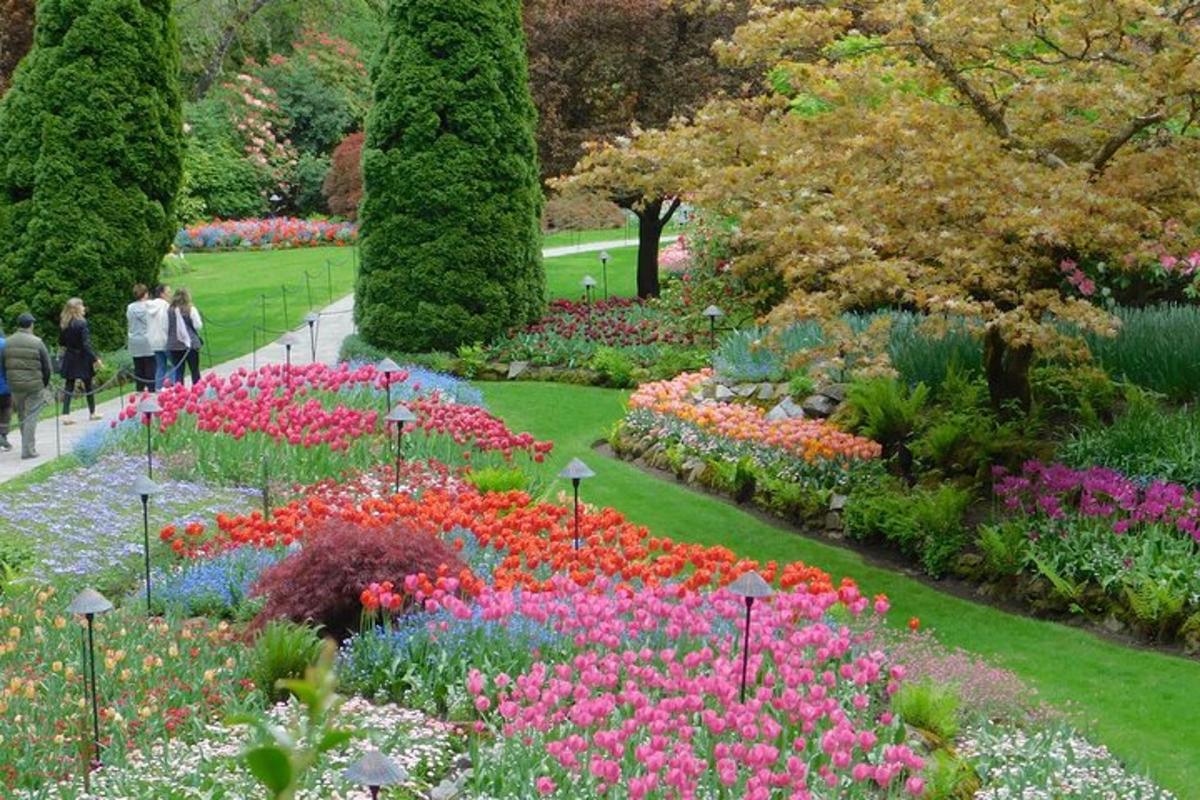 色とりどりの花が咲く庭園を歩く人々