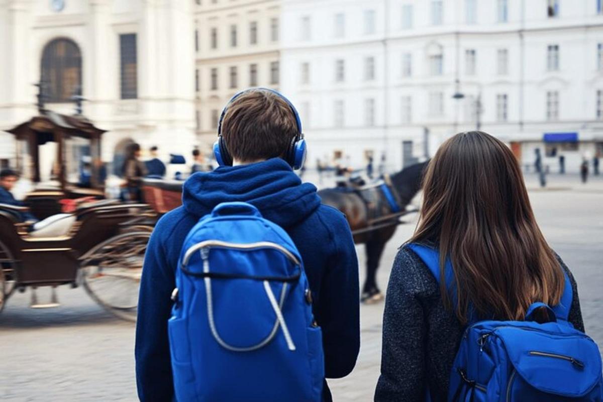 Dos personas con mochilas caminando por una calle con un caballo