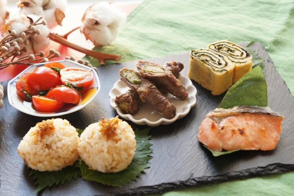 a tray with different types of food on a table