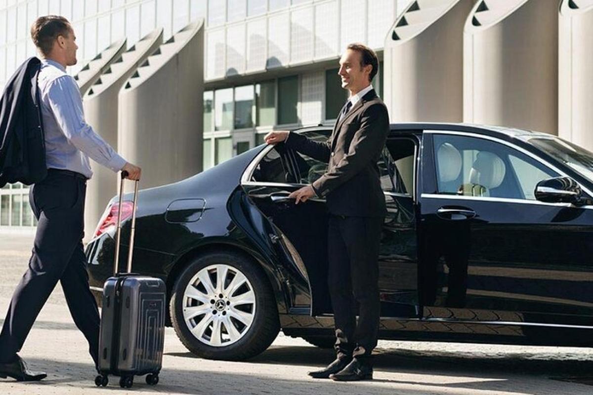 dois homens com bagagem saindo de um carro