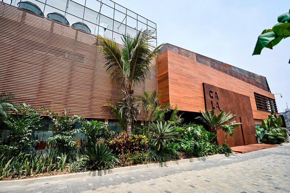 un edificio con palme di fronte
