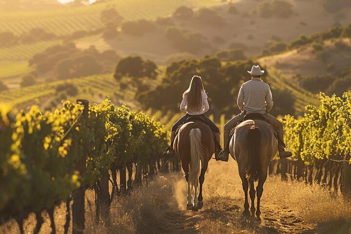 a man and a woman riding horses down a vineyard