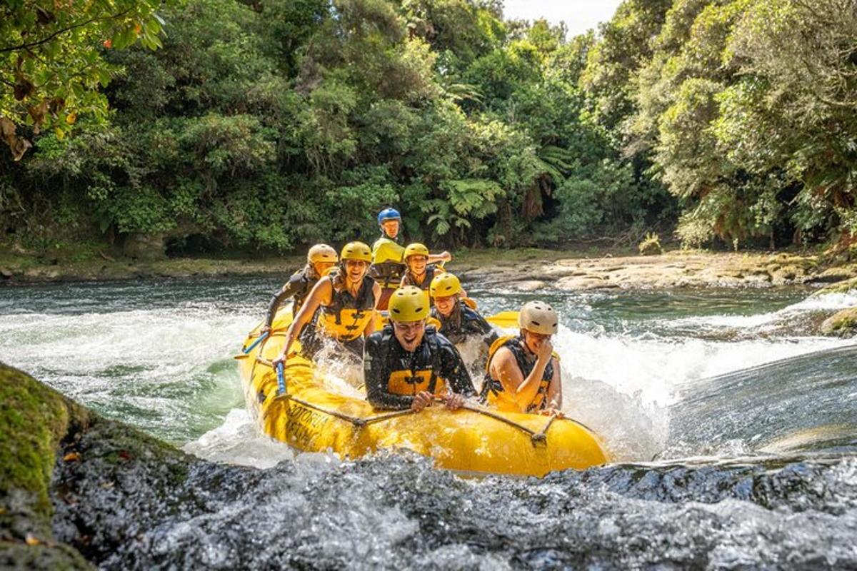 a group of people in a raft on a river