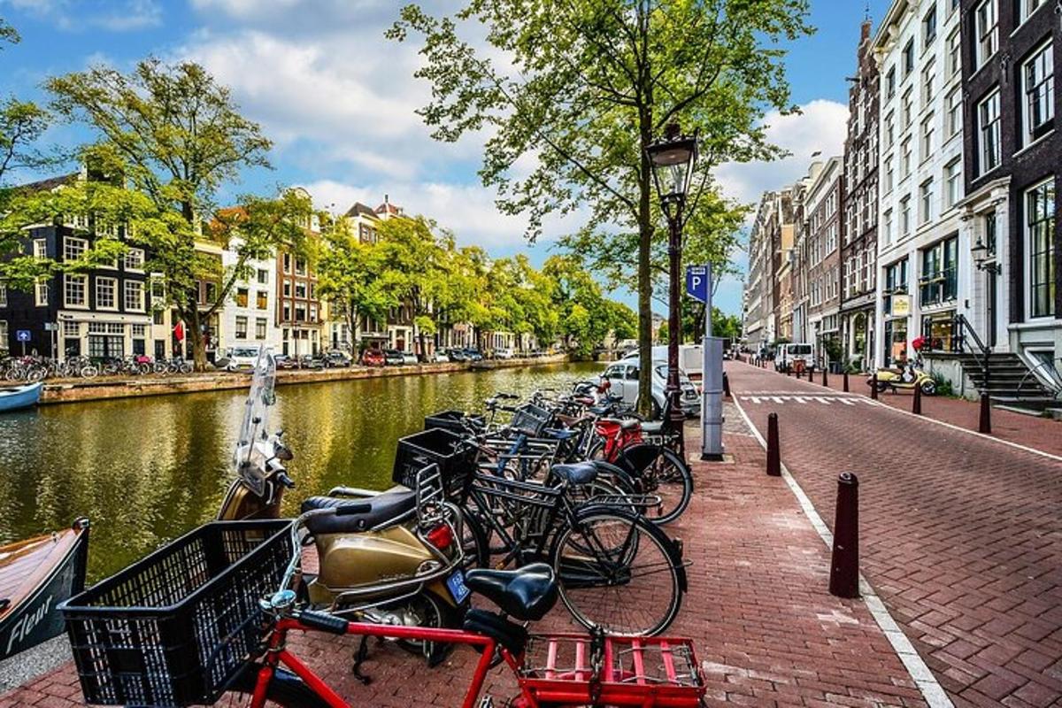een rij fietsen geparkeerd naast een rivier