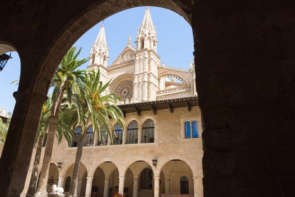 un grande edificio con una palma di fronte