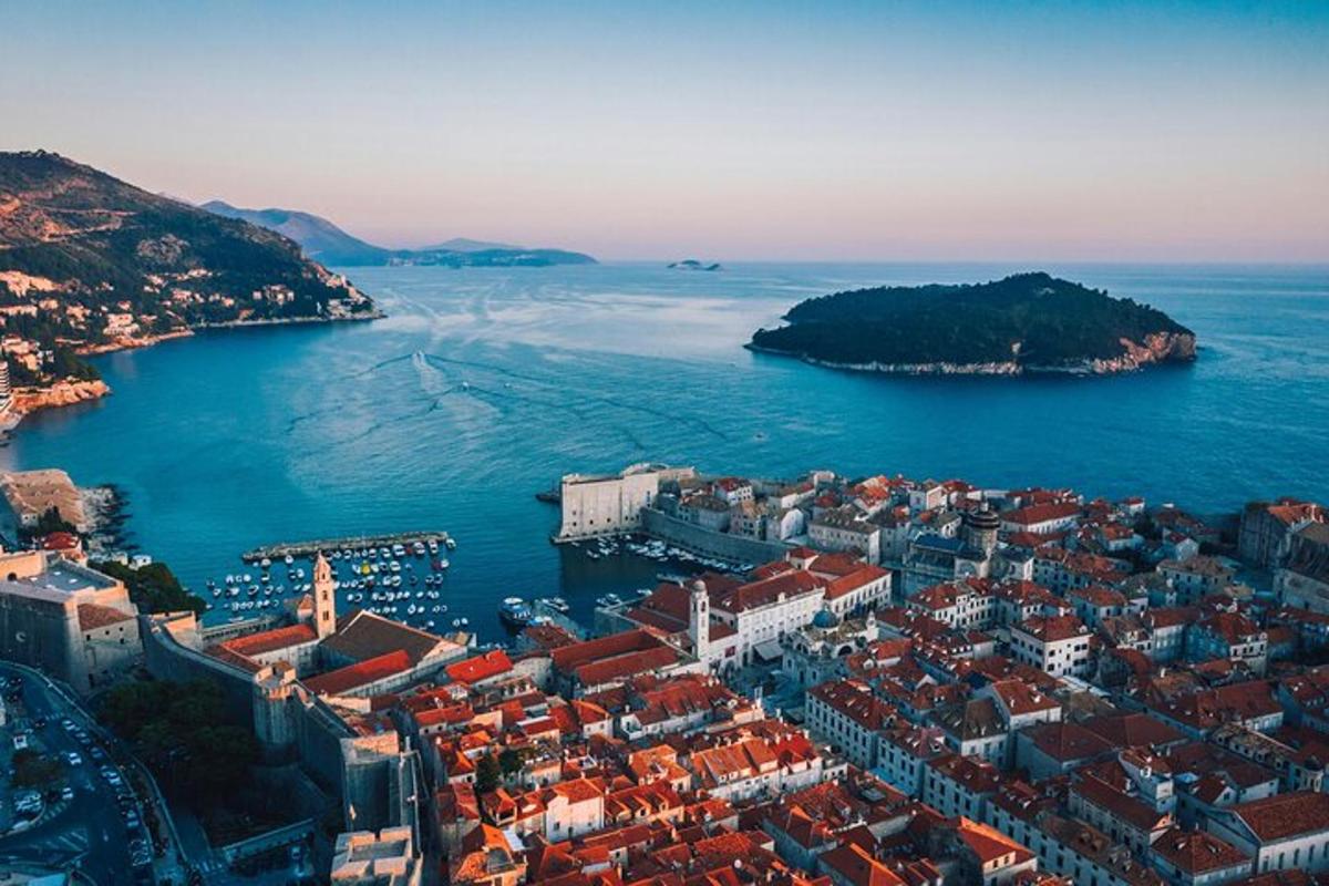an aerial view of a city and the ocean