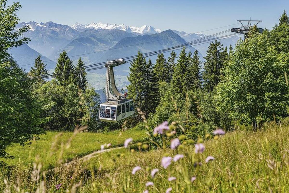 gondola na kopci s horami v pozadí