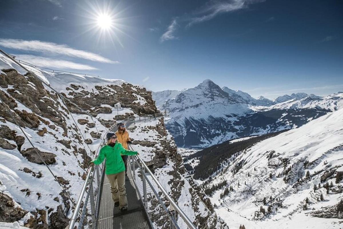 una donna su una passerella su una montagna innevata