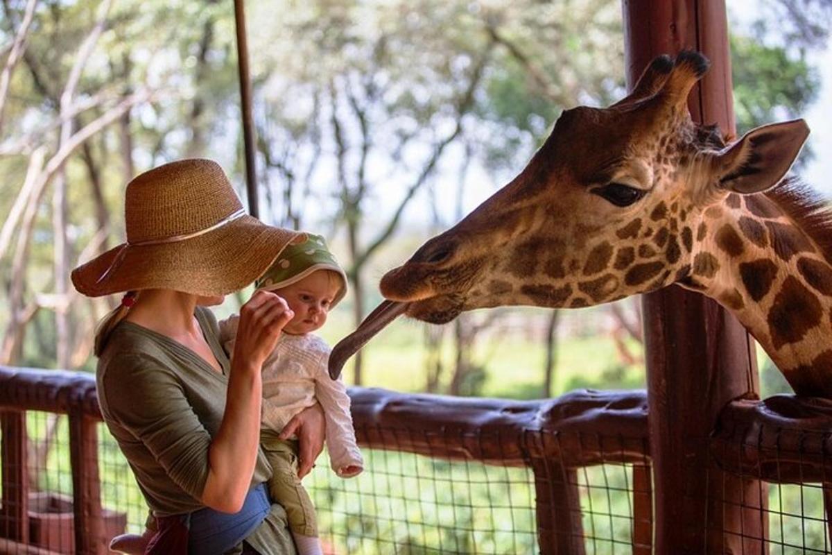 a woman holding a little girl feeding a giraffe