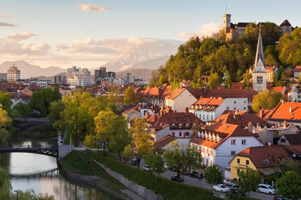 una vista di una città con un fiume e degli edifici